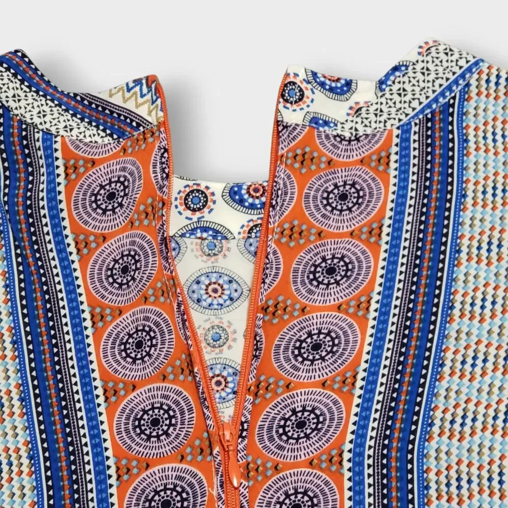 Valija Medallion Print‎ Patchwork Flare Sleeve Mini Dress Medium Multicolor Boho